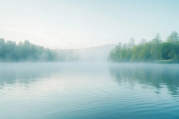 Fototapeta premium Morning mist blankets the serene lake, creating a peaceful atmosphere with soft reflections and lush trees in the background. Generative AI