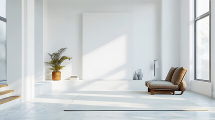 A large, open living room with white furniture and a potted plant