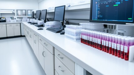 State-of-the-art laboratory environment showcasing advanced blood sample processing and analysis technology for medical research and diagnostics