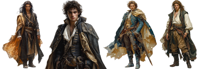 Stylish young men in fantasy costumes various poses transparent background