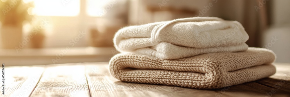Aufkleber two neatly folded towels rest on a wooden table, illuminated by warm sunlight streaming through a wi