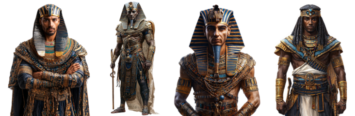Ancient Egyptian pharaohs dressed in elaborate gold and blue attire transparent background