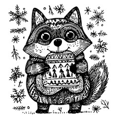 Obraz premium Cute raccoon wearing a winter sweater with snowflakes