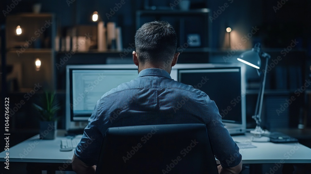 Poster A man is sitting at a desk with two computer monitors in front of him