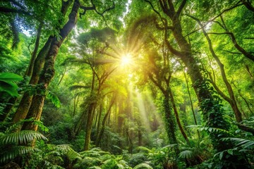 Obraz premium Lush forest with dense foliage and sunlight filtering through the canopy, forest, plants, foliage, flora