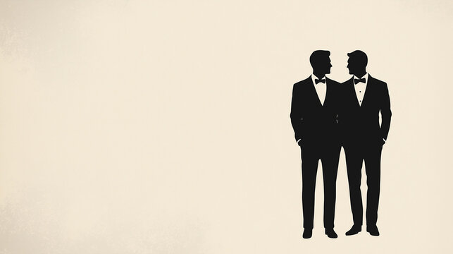 Elegant and minimal illustration celebrating a same sex wedding or engagement, neutral tones, copy space, landscape 16:9