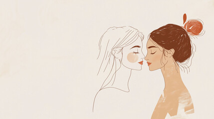 Elegant and minimal illustration celebrating a same sex wedding or engagement, neutral tones, copy space, landscape 16:9