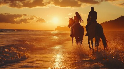 Couple riding horses along a scenic beach at sunset, 4K hyperrealistic photo
