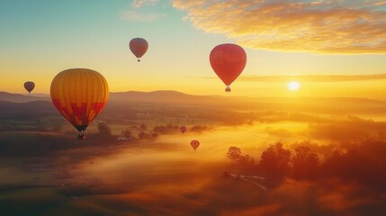 Fototapeta premium An adventurous hot air balloon ride at sunrise, with colorful balloons filling the sky and breathtaking views of the landscape below.