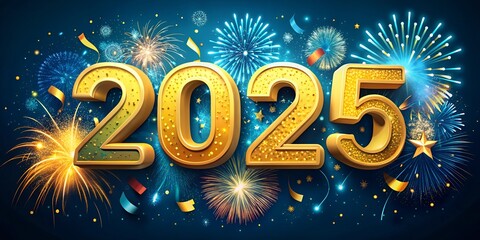 Golden 3d 2025 text with colorful fireworks 