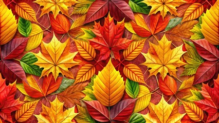 Fototapeta premium Vibrant Autumn Leaves and Geometric Shapes Seamless Pattern - Modern Bold Color Illustration for Home Decor, Textiles, and Graphic Design