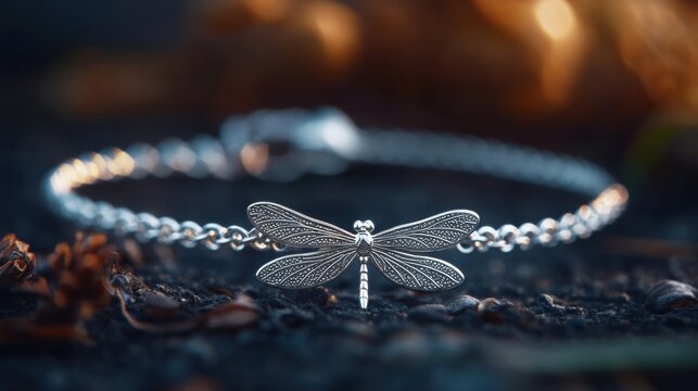 Delicate silver bracelet with a charm shaped like a dragonfly, 4K hyperrealistic photo