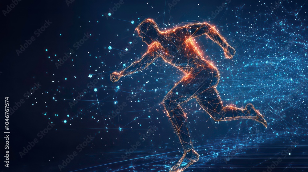 Poster a digital illustration of a running man, made up of glowing lines and dots on a blue background.