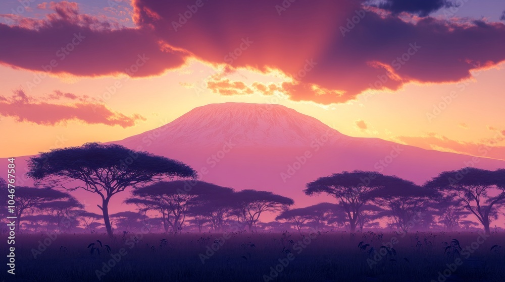 Poster a beautiful sunset over a mountain range with trees in the foreground