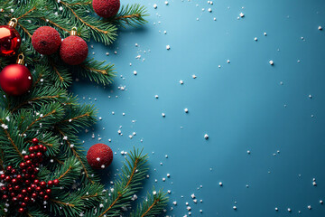 fir branches red decorations blue background snowy scene christmas time
