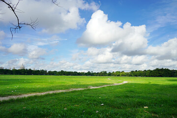 Beautiful green landscape and blue sky at Kolkata Maidan ground near Victoria Memorial Hall