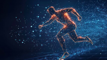A digital illustration of a running man, made up of glowing lines and dots on a blue background.