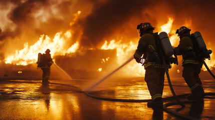 Fototapeta premium Firefighters battling a massive blaze, spraying water on a burning wooden structure engulfed in flames.