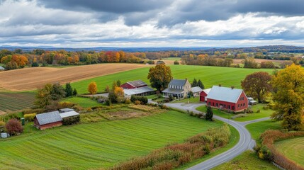 Obraz premium An artistic drone shot of a picturesque countryside landscape with farms and winding roads.