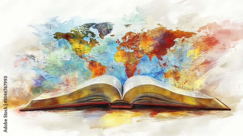 Poster a watercolor painting of an open book with a world map emerging from its pages.