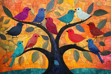 Vibrantly colored traditional Gond folk art from India depicting birds in a tree, set against a textured background.