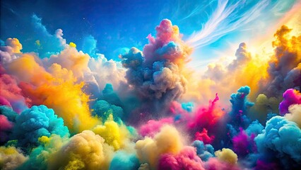 Vibrant Holi Explosion: Cyan, Yellow, and Magenta Powder Clouds with Bokeh Effect for Abstract Art and Colorful Celebrations