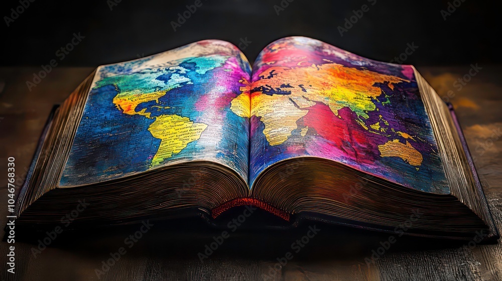 Poster open book with a colorful world map painted on the pages.
