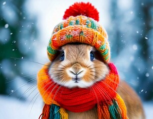 A portrait of an bunny rabbit wearing a cozy handcrafted knit cap and scarf, standing out against a snowy background 