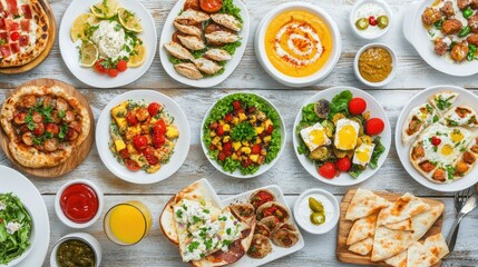An overhead shot of a colorful brunch spread, featuring a variety of dishes and drinks laid out on a rustic wooden table.