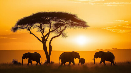 Fototapeta premium Family of elephants walking by an acacia tree during a vibrant sunset in the African savanna.