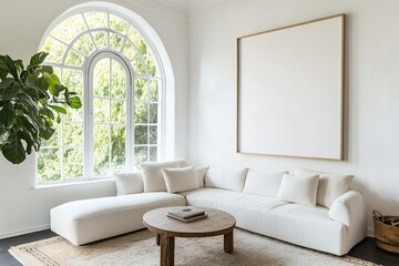 A vintage grunge accent coffee table beside a white sofa, positioned near an arched window and a white wall featuring a large art poster frame. This showcases a minimalist,