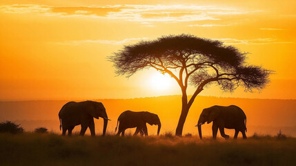 Fototapeta premium Family of elephants walking by an acacia tree during a vibrant sunset in the African savanna.