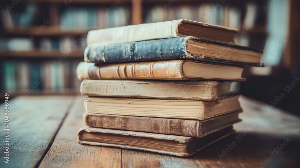 Aufkleber A stack of old, worn books on a wooden table with a bookshelf in the background.