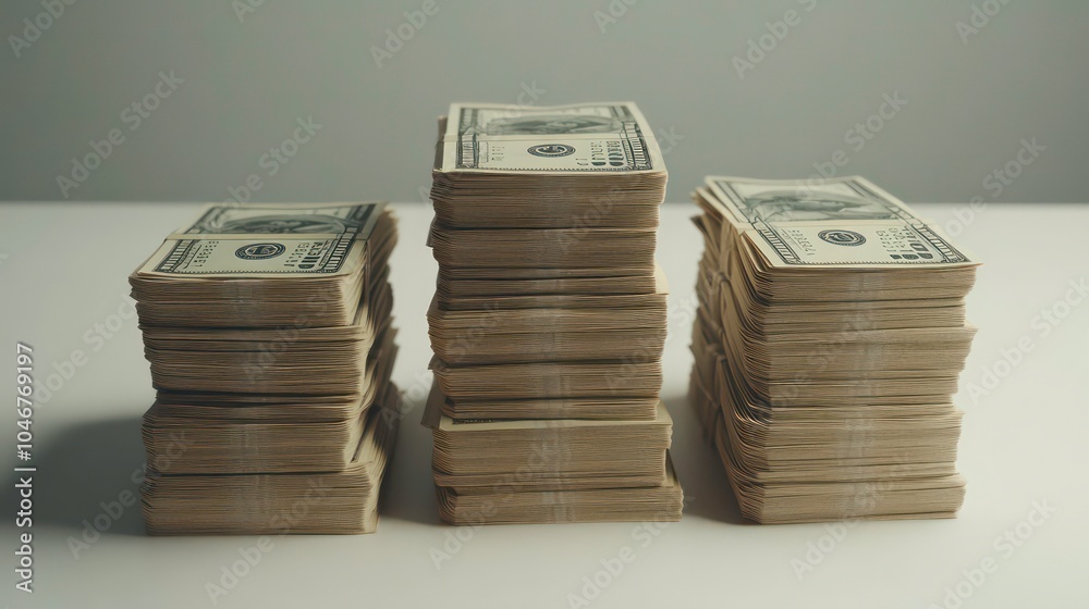 Aufkleber three stacks of us dollar bills on a white surface, the middle stack is the tallest.