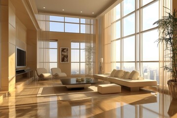 Fototapeta premium Modern Luxurious Living Room with Panoramic Views