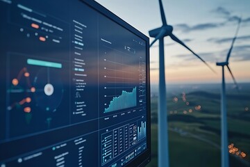 A modern wind turbine accompanied by a detailed energy data analytics dashboard in the foreground, showcasing real-time statistics and graphs for efficient monitoring of power production.