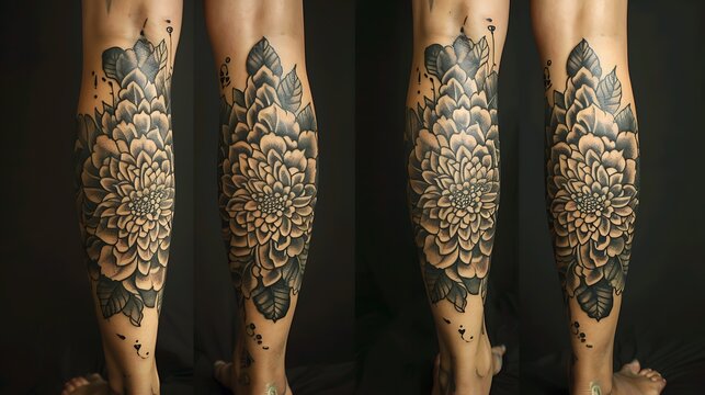 A woman with a tattoo of a dahlia flower on her leg. The tattoo is black and gray and the flower is surrounded by leaves.