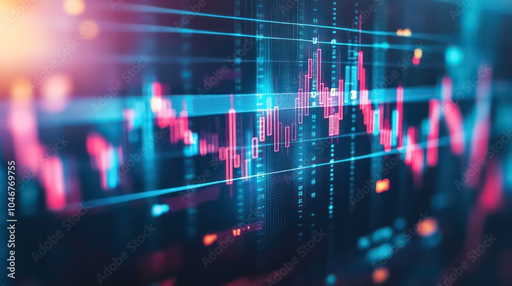 Fototapete close-up of a stock market chart on a computer screen with red and blue lines and data points.