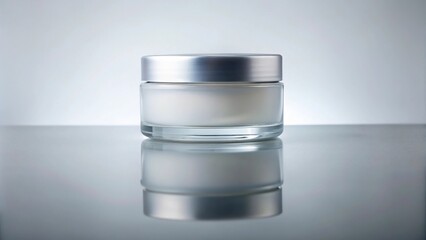 Minimalist frosted cosmetic jar on light background with reflection