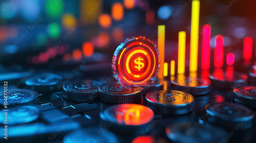 Aufkleber A glowing dollar coin sits atop a stack of coins against a backdrop of colorful charts and graphs, representing financial growth and success.