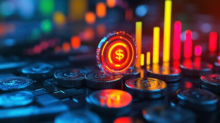 A glowing dollar coin sits atop a stack of coins against a backdrop of colorful charts and graphs, representing financial growth and success.