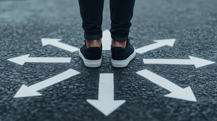 A person stands at a crossroads marked with arrows on the pavement, symbolizing choices and directions in life. This image captures the essence of uncertainty and decision-making.
