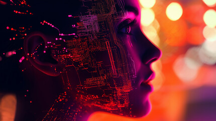 Profile of a woman with digital effects and glowing lights, symbolizing technology and artificial intelligence.