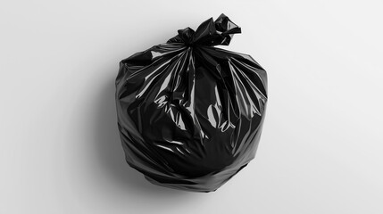 A black garbage bag tied at the top, isolated against a white background.