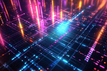 Obraz premium Holographic grid technology background with vibrant neon lights and metallic textures