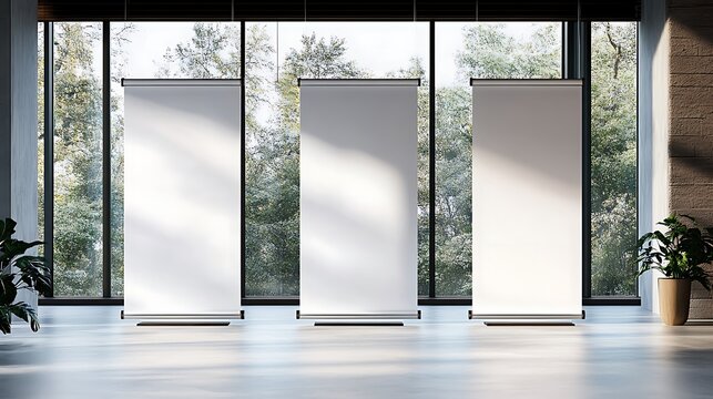 Clean and empty mockup of three roll-up banners in a modern interior room