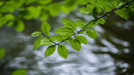 Obraz premium A delicate branch with fresh green leaves glistening with water droplets, set against a softly blurred background of a flowing stream, creating a tranquil and nature-inspired scene