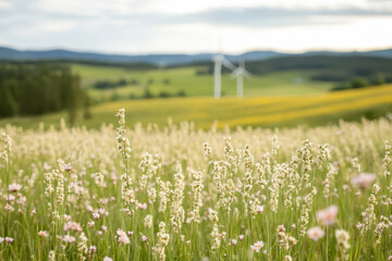 Fototapeta premium Wind turbines in a flower field, renewable energy and sustainable landscape concept