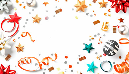 Obraz premium Banner template with confetti, balloons and ribbons. Concept for holidays, New Year, Christmas, marketing. Copy space.