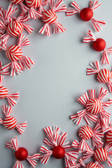 Obraz premium red striped candy forms festive holiday decor amidst gray background